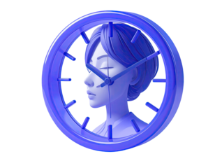 A stylized, profile view of a woman, rendered in shades of vibrant blue, inside a clock face