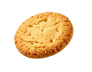 Close-up of a round, light golden-brown cookie with a slightly rough, textured top and small holes