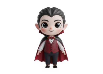 Cute cartoon Dracula illustration of a young vampire wearing a tuxedo and cape