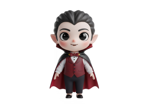 Cute cartoon Dracula illustration of a young vampire wearing a tuxedo and cape