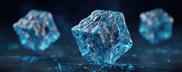 Three abstract,  icy blue cubes hover over a dark, technological surface, showcasing a futuristic and ethereal design.