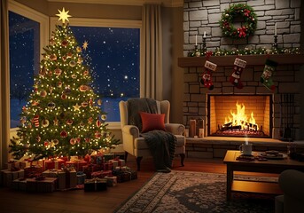 Cozy christmas living room with fireplace and decorated tree