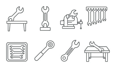 Set of wrench and tool icons on metallic gradient background