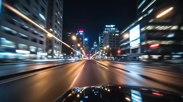 A fast-paced drive through a modern city at night, with motion blur creating streaks of light from traffic and illuminated buildings.
