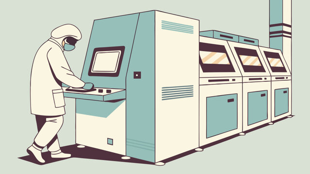 Industrial worker operating a complex machinery system.