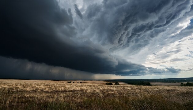 a dark and moody sky with massive storm clouds rolling over an open field