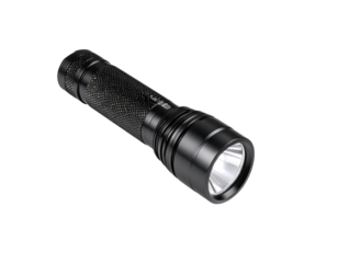Black handheld flashlight, cylindrical shape,  with textured grip