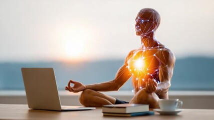 Inner Peace: A man is sitting in a meditative pose at a desk, while his body is overlaid with bright, connecting lines, exuding an aura of serenity and the integration of mind and body