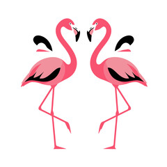 Obraz premium Two beautiful pink flamingos standing together on one leg with their necks curled into a heart shape