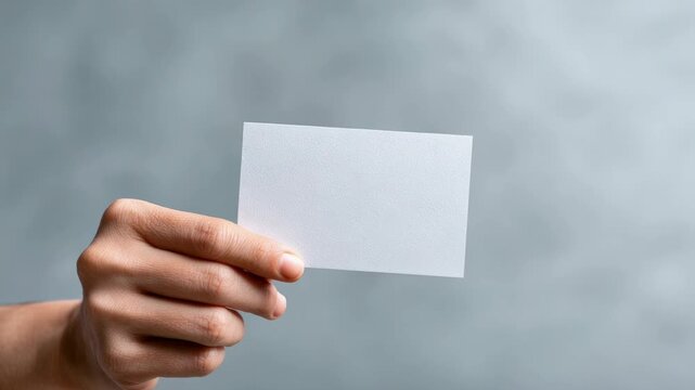 Professional business card mockup featuring hand gripping blank white card against neutral grey studio backdrop, ready for custom branding or messaging design