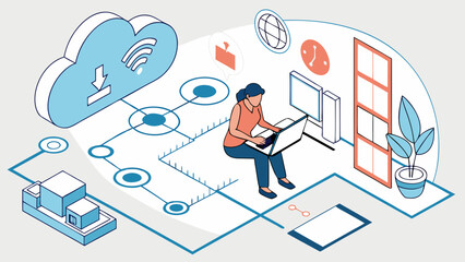 Isometric Illustration of Person Working on Laptop with Cloud Computing and Network Connections.