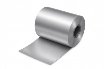 Metal roll unwinding, revealing industrial manufacturing mechanics, showcasing precision metalworking process with clean transparent backdrop