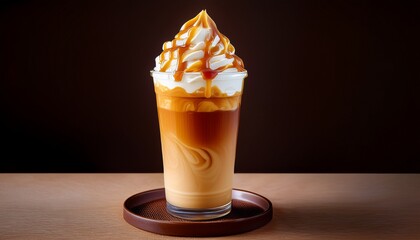 creamy caramel latte beverage crowned with whipped cream rich caramel drizzle indulgent cold coffee drink features layers of smooth coffee milk sweet caramel syrup swirled together in clear cup