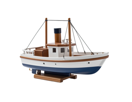 Wooden model ship, white and navy blue, on a stand