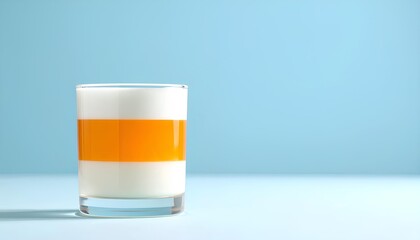pudding dessert with layers of milk and orange in a glass on a blue background