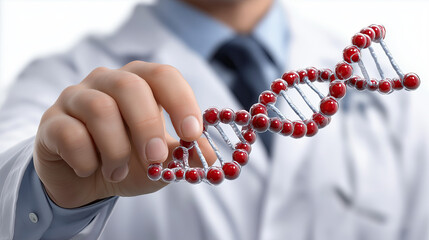 Scientist holds red and white DNA double helix model, showcasing intricate structure of genetic material with focused expression