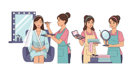 Diverse group of women applying makeup and styling hair in a beauty salon or studio setting with mirrors and cosmetic products