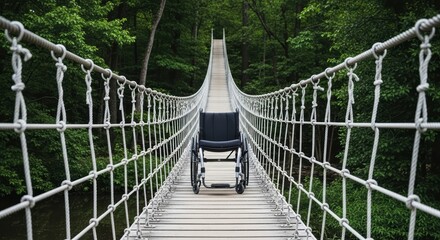 Obraz premium Wheelchair on suspended rope bridge in forest with lush greenery