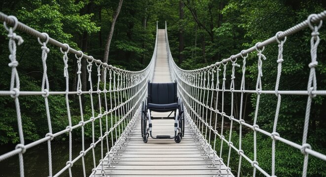 Fototapeta Wheelchair on suspended rope bridge in forest with lush greenery