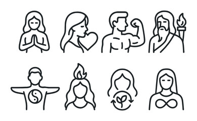 Minimalist icons of people representing strength, peace, and nature