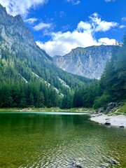 Scenic view of Grüner See surrounded by green pine forest and rocky alpine cliffs in Austria. Clear emerald lake water reflecting the blue sky, perfect for nature and travel concepts.