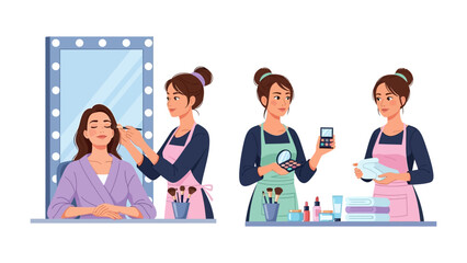 Two makeup artists applying cosmetics to a client and preparing products for a beauty session in a professional studio setting