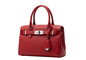 Elegant red leather handbag with silver hardware isolated on transparent background