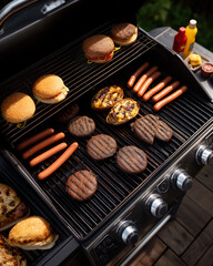 birds eye view of a gas grill with hot dogs and hamburgers grilling

