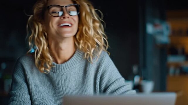 Woman Unsubscribing from Emails on a Laptop and Smiling, Inbox Visible on Screen