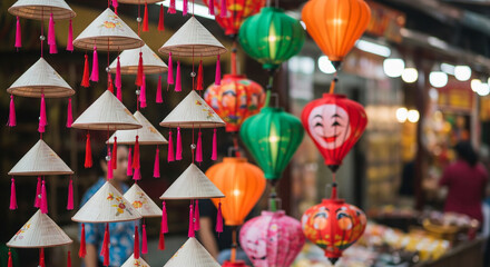 Colorful lanterns and conical hats adorn a bustling vietnamese market, creating a vibrant scene filled with cultural charm and festive spirit