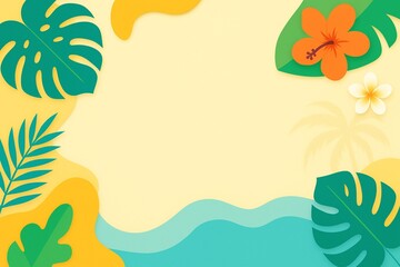 Background tropis kuning pastel dengan bunga hibiscus dan daun hijau dekoratif.
