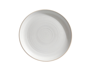 Overhead view of a round white dinner plate with a subtle, concentric, textured design and a light beige rim
