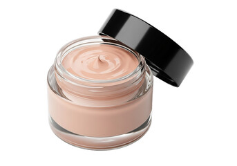 Open jar of creamy cosmetic foundation or moisturizer with black lid isolated on transparent background