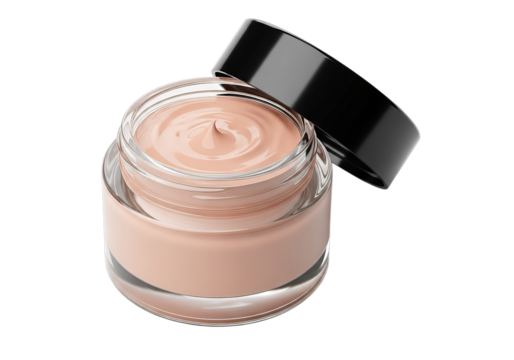 Open jar of creamy cosmetic foundation or moisturizer with black lid isolated on transparent background