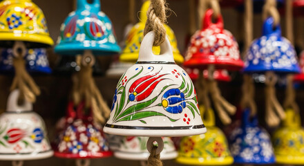 Fototapeta premium Closeup of decorative ceramic bells with tulip design, showcasing turkish craftsmanship and vibrant colors, ideal for cultural gifts and home decor accents