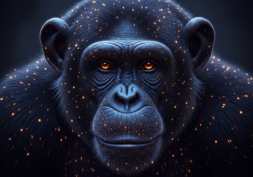 Closeup portrait of a chimpanzee with glowing starry patterns