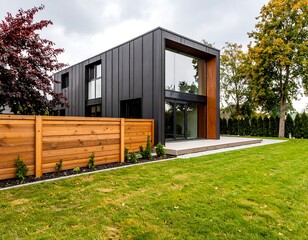 Fototapeta premium Modern house exterior with wooden fence