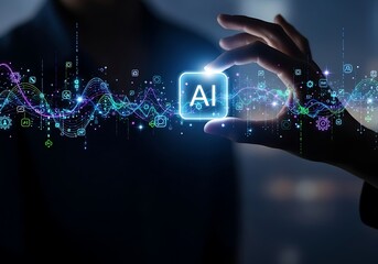 Hand touching glowing ai icon with digital data stream