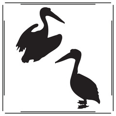 Black Silhouette of Pelicans in Flight and Standing: Vector Icons of Birds for Nature, Wildlife, and Animal Themes