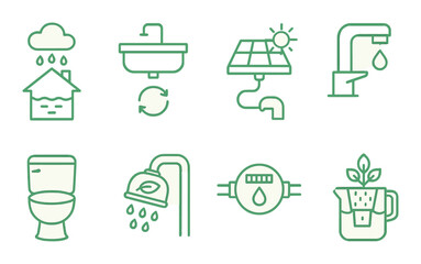 Sustainable water conservation icons: rainwater, solar, recycling, and eco-friendly solutions
