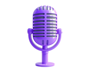 A vibrant purple microphone, vintage-style, stands out against a black background.  The ribbed design and stand are detailed, with a glossy finish