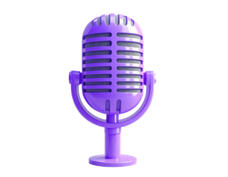 A vibrant purple microphone, vintage-style, stands out against a black background.  The ribbed design and stand are detailed, with a glossy finish