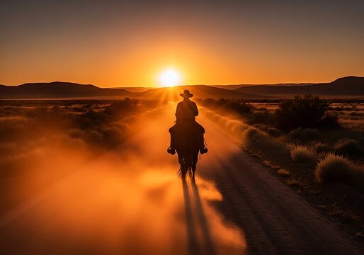 Cowboy riding horse on dusty road at sunset in desert