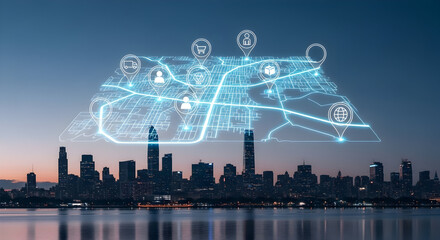 Smart city technology innovation futuristic urban landscape digital map gps navigation system global network connection intelligent transportation system modern city skyline at night.