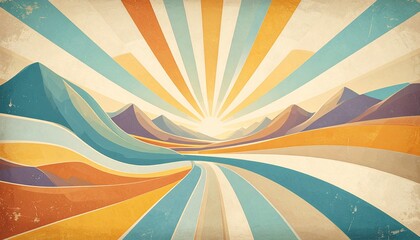 Abstract mountain landscape in retro style with sun rays and a journey path.
