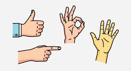Fototapeta premium Four hands displaying different gestures: thumbs up, okay, open palm, and pointing.