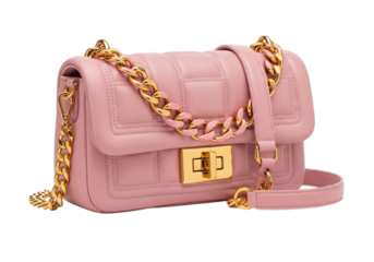 Elegant pastel pink quilted leather shoulder bag with gold chain strap isolated on transparent background