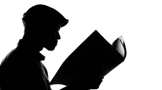 Reading a magazine silhouette black and white