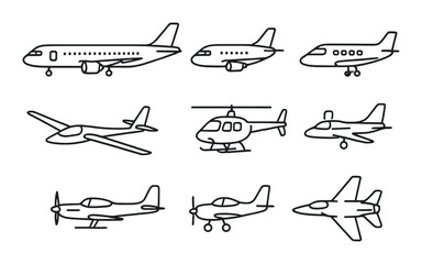 Vector outlines of diverse aircraft on gradient background