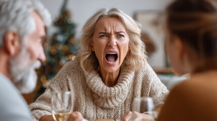Family members argue loudly over dinner during a holiday gathering in a cozy dining room filled with festive decorations